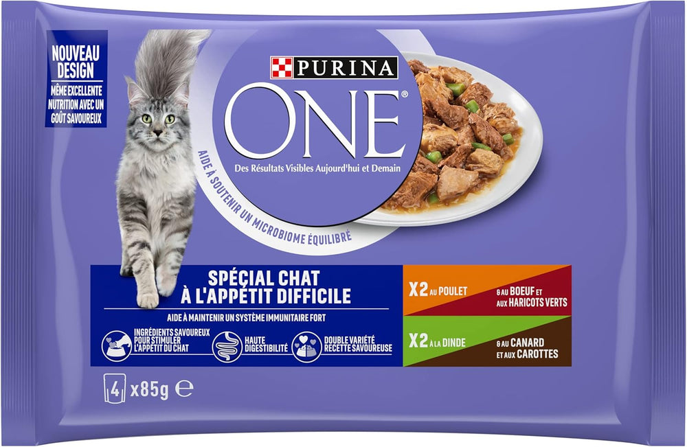 Purina One - Spezialfutter in Sauce Rind/Huhn/Ente und Truthahn für Katzen mit Appetit, 340 g
