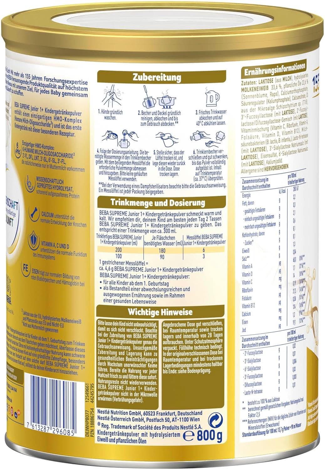 Bebida infantil BEBA SUPREME Junior 1+ a partir de 1 año, alimento para niños con complejo 6 HMO, solo lactosa, sin aceite de palma, pack 6 (6 x 800 g) Madre e Hijo Naty Shop