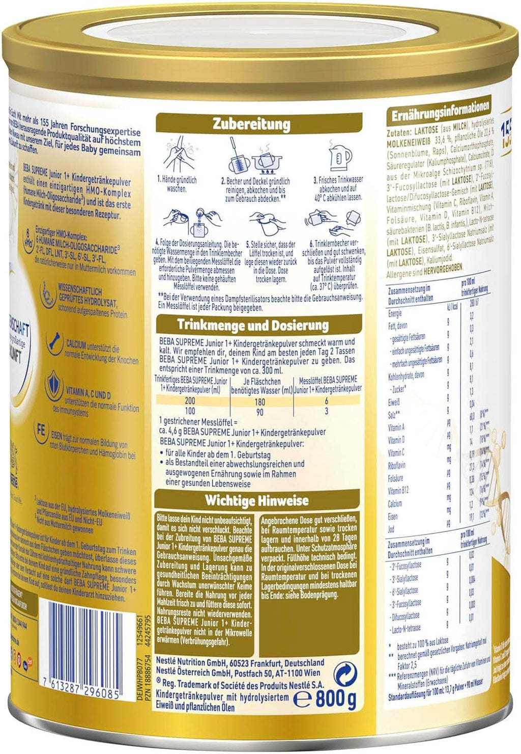 Băutură pentru copii BEBA SUPREME Junior 1+ de la 1 ani, mâncare pentru copii cu complex 6 HMO, numai lactoză, fără ulei de palmier, pachet 6 (6 x 800 g) Mama si Copilul Naty Shop