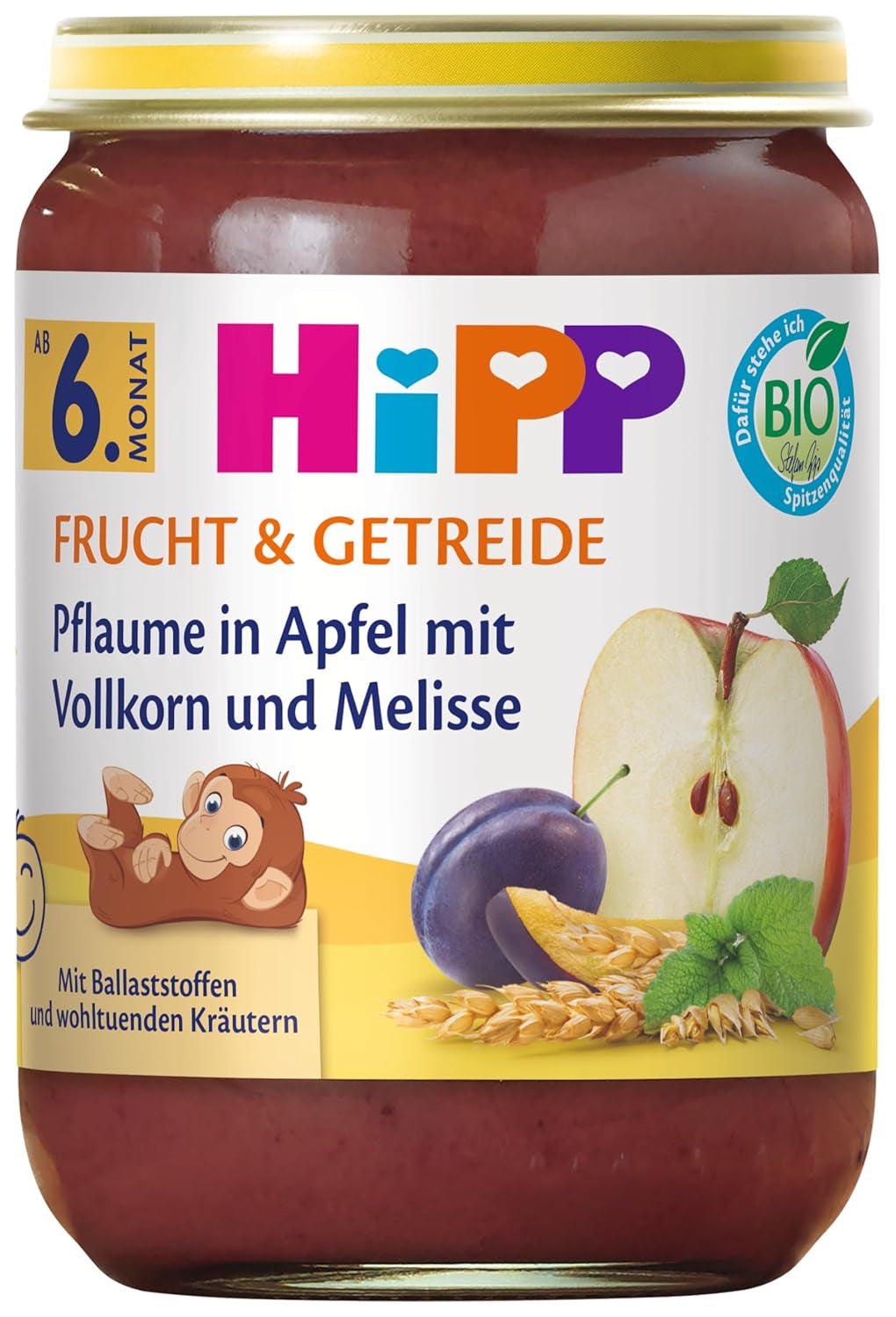 HiPP Ciruelas Ecológicas en Crema de Manzana con Cereales Integrales y Melisa (6 x 190g), a partir de 6 meses, con cereales integrales ecológicos y hierbas beneficiosas, solo dulzor natural de fruta, de la mejor calidad ecológica