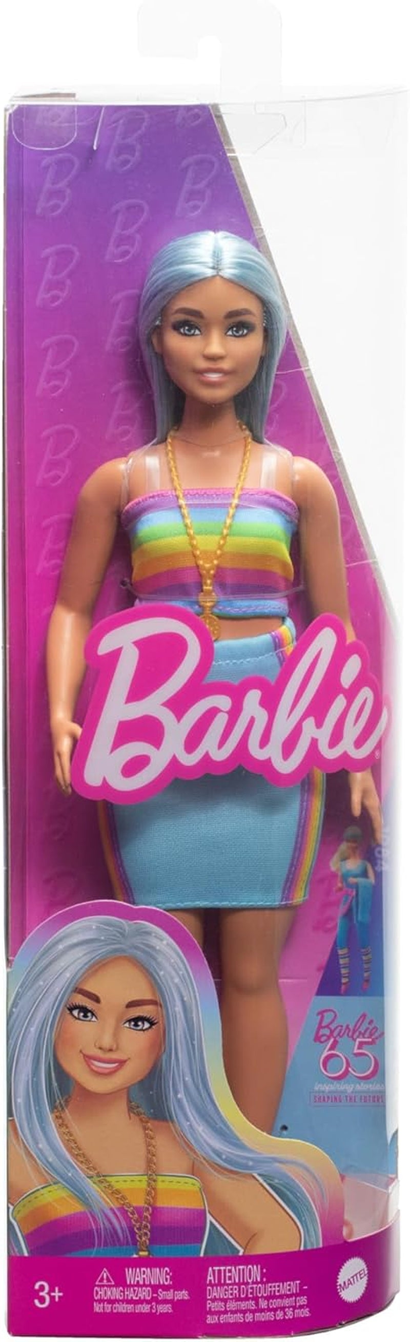 Păpușa Barbie Fashionistas nr. 218 cu păr lung albastru, bluză curcubeu și fustă turcoaz, păpușă de modă de colecție care comemorează cea de-a 65-a aniversare, HRH16