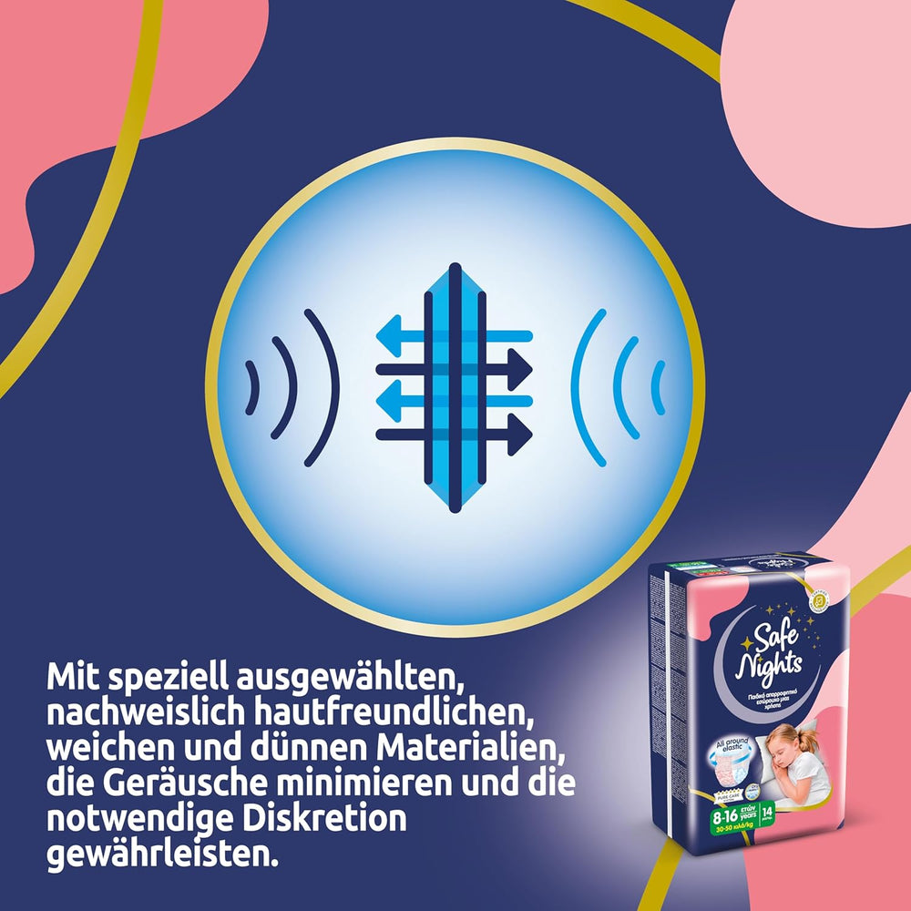 Safe Nights Girl, Ropa de dormir absorbente para niñas de 8 a 16 años (30 a 50 kg), paquete de 14