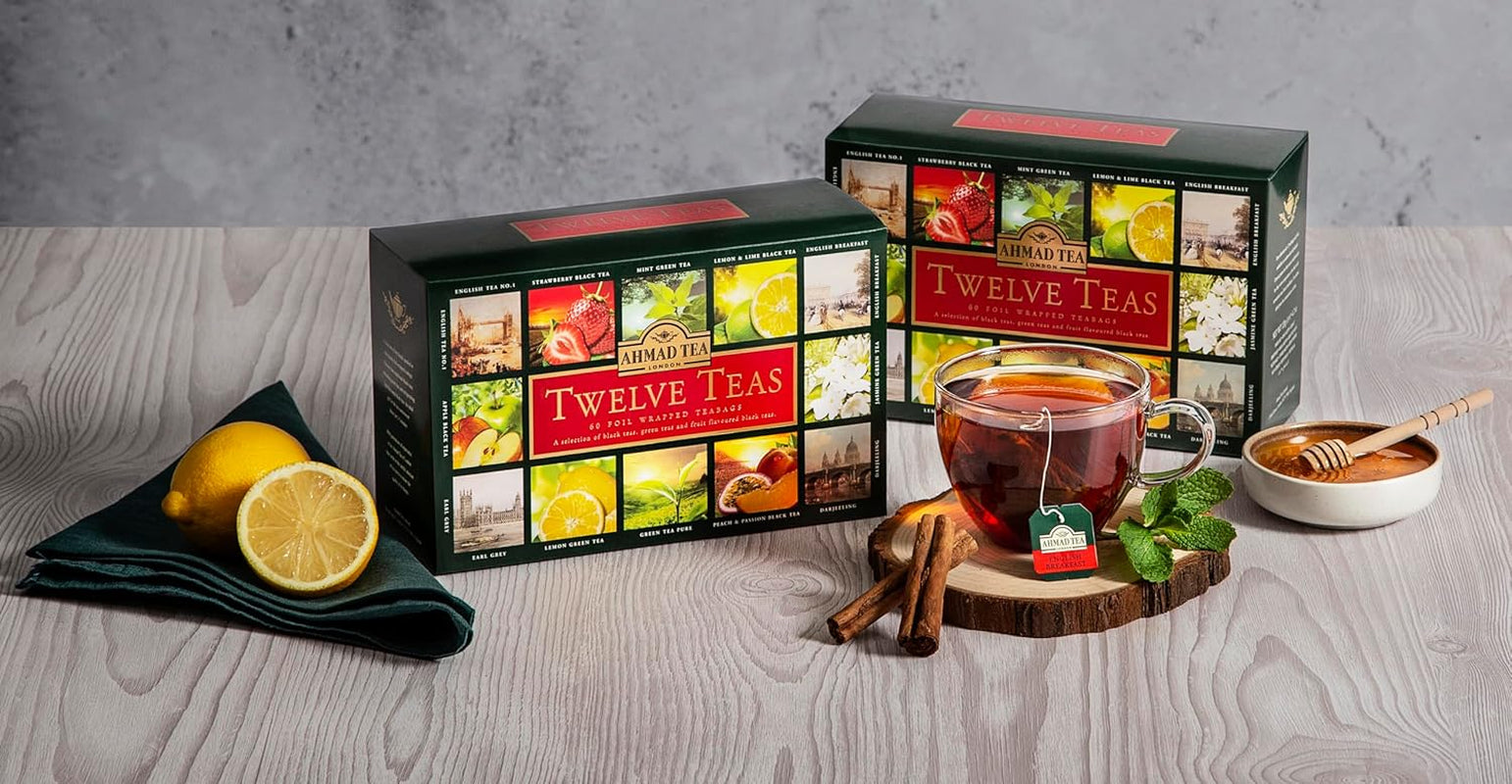 Ahmad Tea - Twelve Teas - Sortiment de 12 sortimente de ceai negru și ceai verde cu diferite arome - 60 pliculețe de ceai ambalate individual, sigilate pentru păstrarea aromelor, cu panglică, 120 g ceai