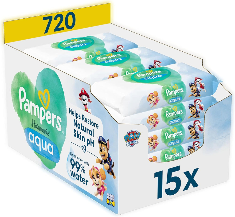 Pampers Harmony Aqua Baby Wipes Paw Patrol 15 Paquete de 48 toallitas 720 toallitas para bebé ayudan a restaurar el equilibrio natural del pH de la piel Loción ligera 99% agua