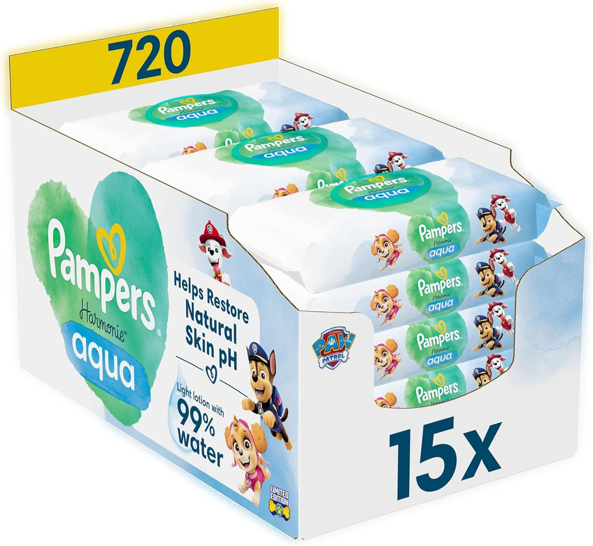 Pampers Harmony Aqua Baby Wipes Paw Patrol 15 Paquete de 48 toallitas 720 toallitas para bebé ayudan a restaurar el equilibrio natural del pH de la piel Loción ligera 99% agua