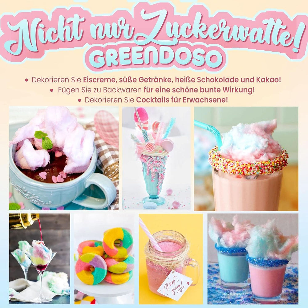 GREENDOSO® Algodón de azúcar para máquina de algodón de azúcar (4 x 320 gramos) - 4 sabores (fresa/cola/frambuesa/manzana) + 50 barritas - MADE in FRANCE Naty Shop