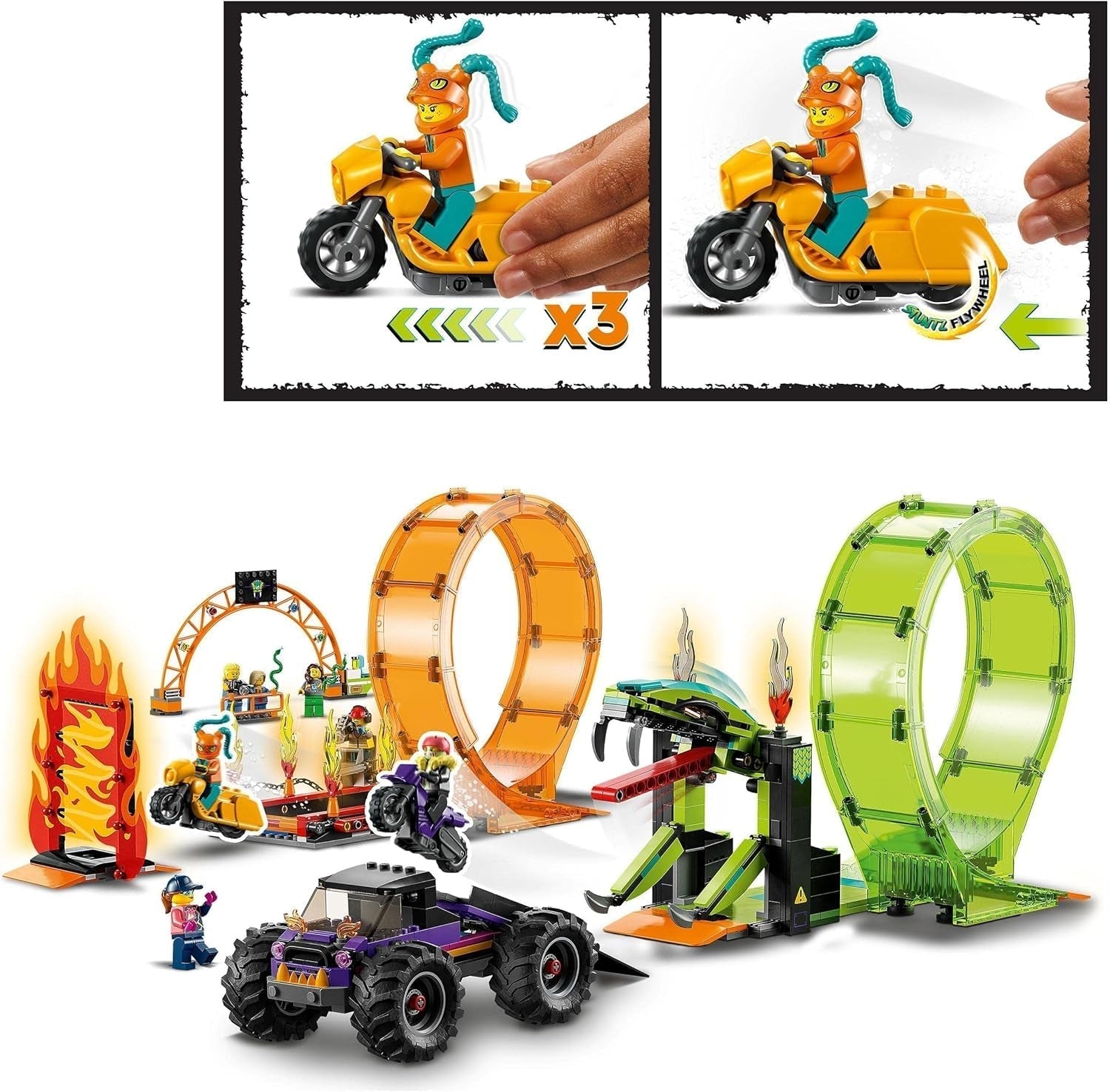 LEGO 60339 City Stuntz Stuntz Show Double Looping Set, Incl. rampă, monster truck, 2X motocicletă și 7 minifigurine, jucărie pentru copii cu vârsta peste 7 ani Seturi de constructie Besuche den LEGO-Store