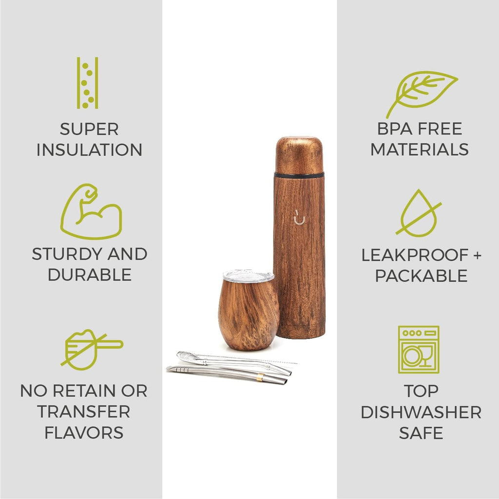 Set complet Balibetov Yerba Mate – Calabash modern, sticlă izolată, bombilla și perie de curățare incluse în livrare – Toate din oțel inoxidabil 304 18/8 de calitate premium (lemn)
