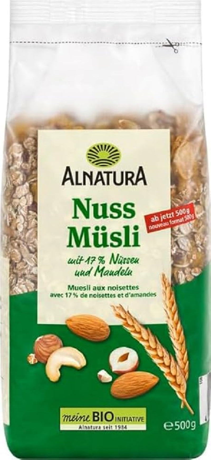 Muesli ecológico con nueces, 17% nueces y almendras, 0,5 kg