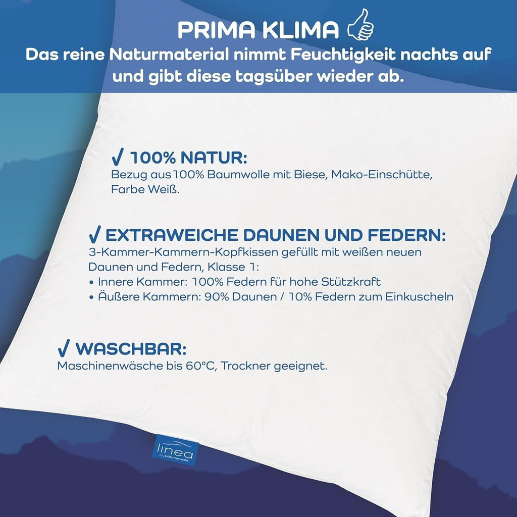 LINEA by Böhmerwald - Cosy - Pernă moale cu 3 camere, 80 X 80, Interior:100% pene, Camere exterioare:90% puf/10% pene, Potrivit pentru alergici, Lavabil până la 60°C, Produs în Germania Perne standard Naty Shop