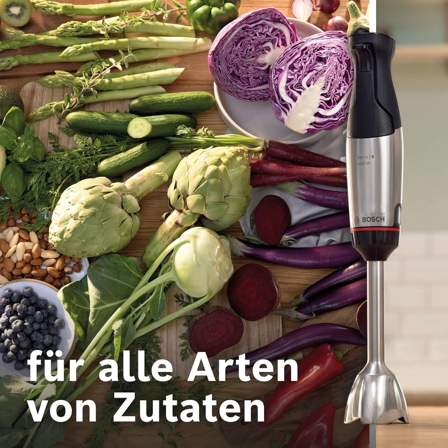 Bosch Stabmixer Ergomaster Serie 6 MSM6M673, 10 Jahre Motorgarantie, Edelstahl-Klingen, Verschleißfreie Keramik-Kupplung, Luftkühlung, Zerkleinerer, Kartoffelstampfer, Schneebesen, 1000 W Cocina Naty Shop