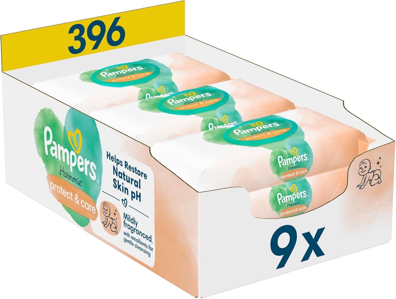 Toallitas húmedas Pampers Harmonie Protect & Care, 18 paquetes de 44 toallitas cada uno = 792 toallitas que ayudan a restaurar el equilibrio natural del pH de la piel.