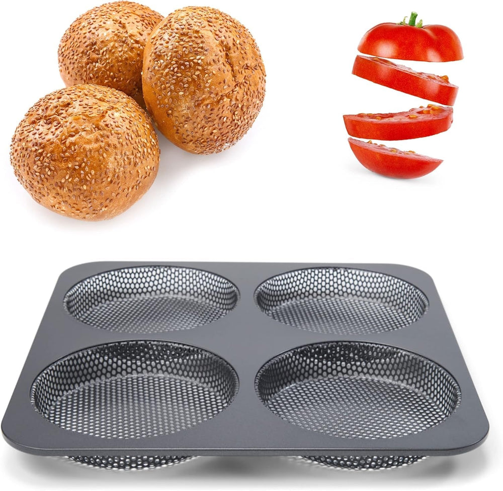 Hamburgerbrötchen, Perforiert, Antihaftbeschichte, 4 Runde Mulden Mit Je 12 Cm, Pfannengröße 28 X 28 Cm, 2.5 Cm Tief, Mittelgroß, Schwarz Moldes y bandejas para repostería Naty Shop