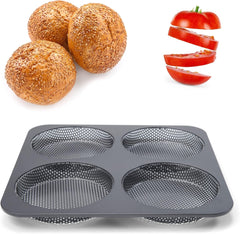 Hamburgerbrötchen, Perforiert, Antihaftbeschichte, 4 Runde Mulden Mit Je 12 Cm, Pfannengröße 28 X 28 Cm, 2.5 Cm Tief, Mittelgroß, Schwarz Moldes y bandejas para repostería Naty Shop