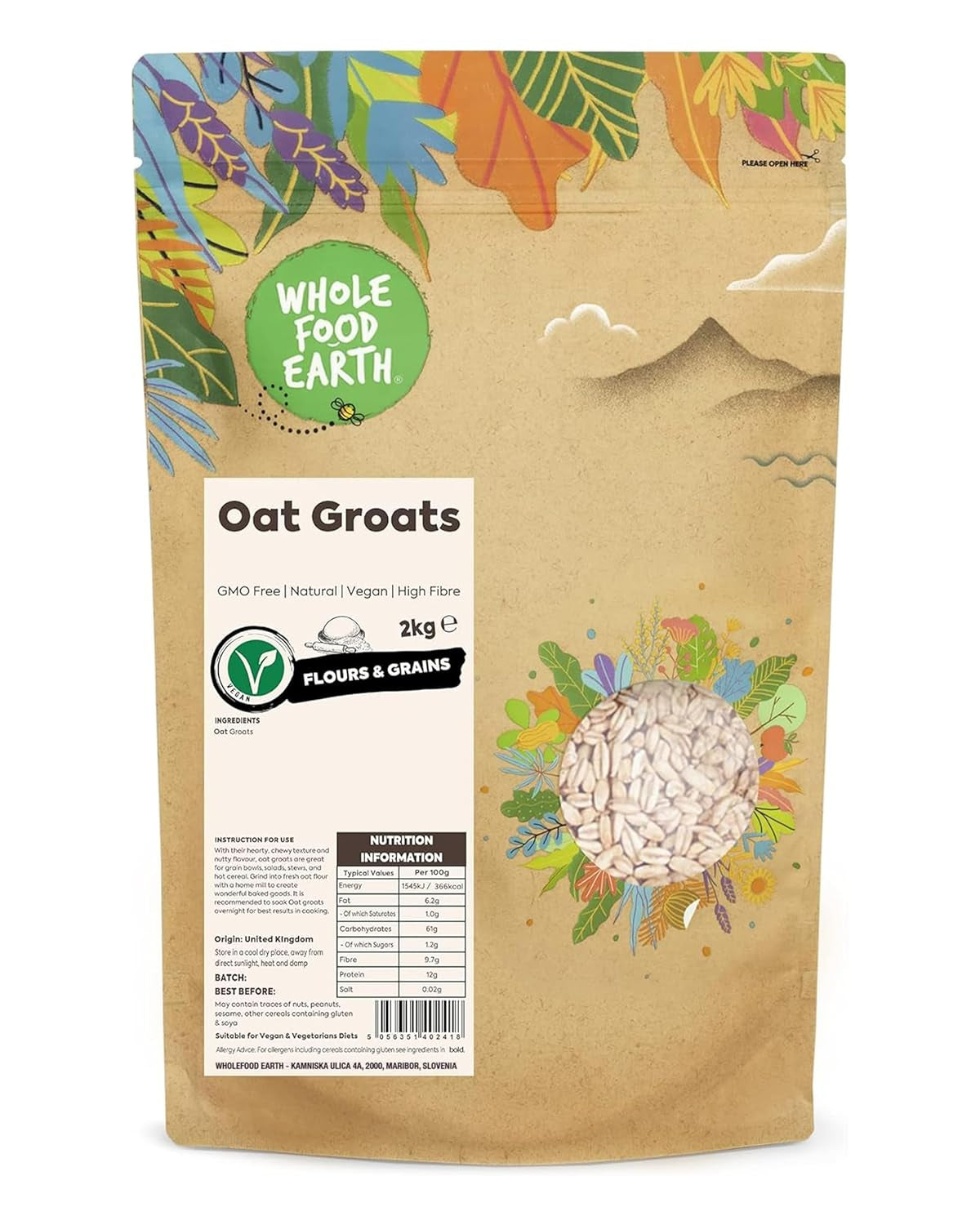 Granos de avena Wholefood Earth 2 kg | Sin OGM | Naturales | Rico en fibra