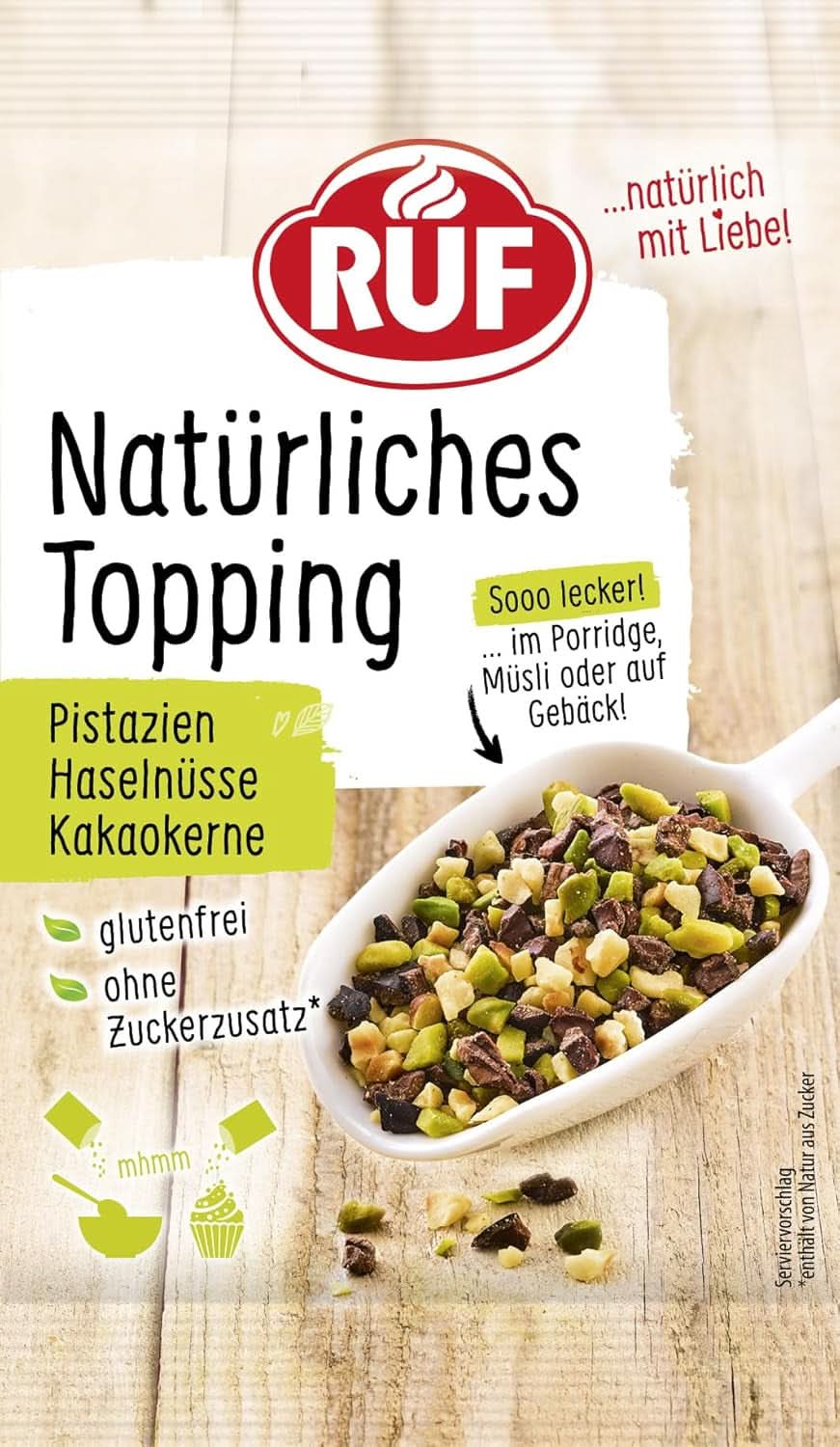 Chips de arroz RUF, sin aditivos artificiales, mezcla de frutas para gachas y pasteles, sin gluten, vegano, 15 gramos Sprinkles Naty Shop 30 gramos pistacho, cacao, avellana