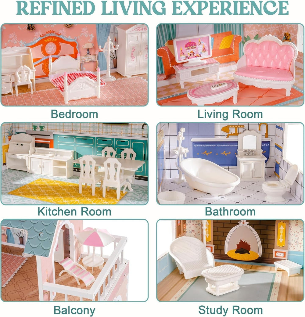 Casă de păpuși din lemn cu mobilier și accesorii Casă de joacă pentru fete Jucării de cameră de joacă pentru copii Casute de papusi Naty Shop