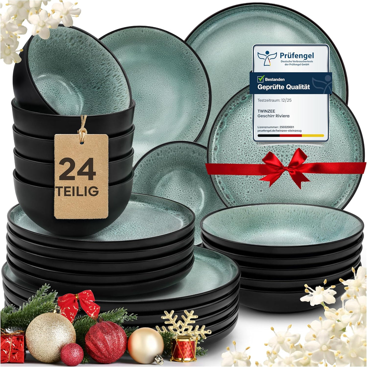 Set de veselă din gresie Twinzee, 24 de piese pentru 6 persoane - Set bol și farfurie - Veselă din gresie pentru cuptorul cu microunde - Colecția Riviera