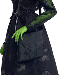 Mattel Wicked Elphaba păpușă de modă și accesorii cu piele verde, păr negru împletit, diferite poziții posibile și aspect de rochie de bal extensibilă, HXT62, [Multicolor] Papusi Naty Shop