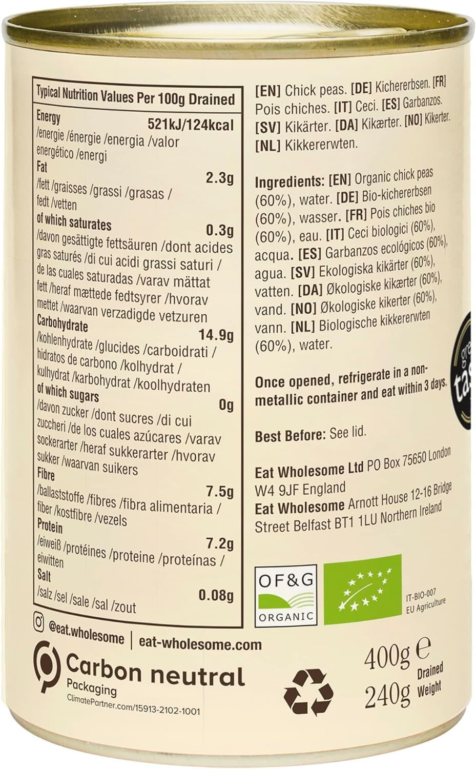 Eat Wholesome Garbanzos Orgánicos, 400 g (Paquete de 12) - Cocidos en Agua, Sin Sal Añadida, 100% Naturales, Fuente de Proteínas, Vegano, Forro Sin BPA y Envase Neutro de CO2