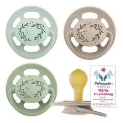 nip - Verde Cireș | 0-6 luni | Pachet de 4 | Suzetă pentru bebeluși, potrivită pentru alăptare și pentru dinți. Suzetă sustenabilă, fabricată din materii prime naturale, verde deschis/maro
