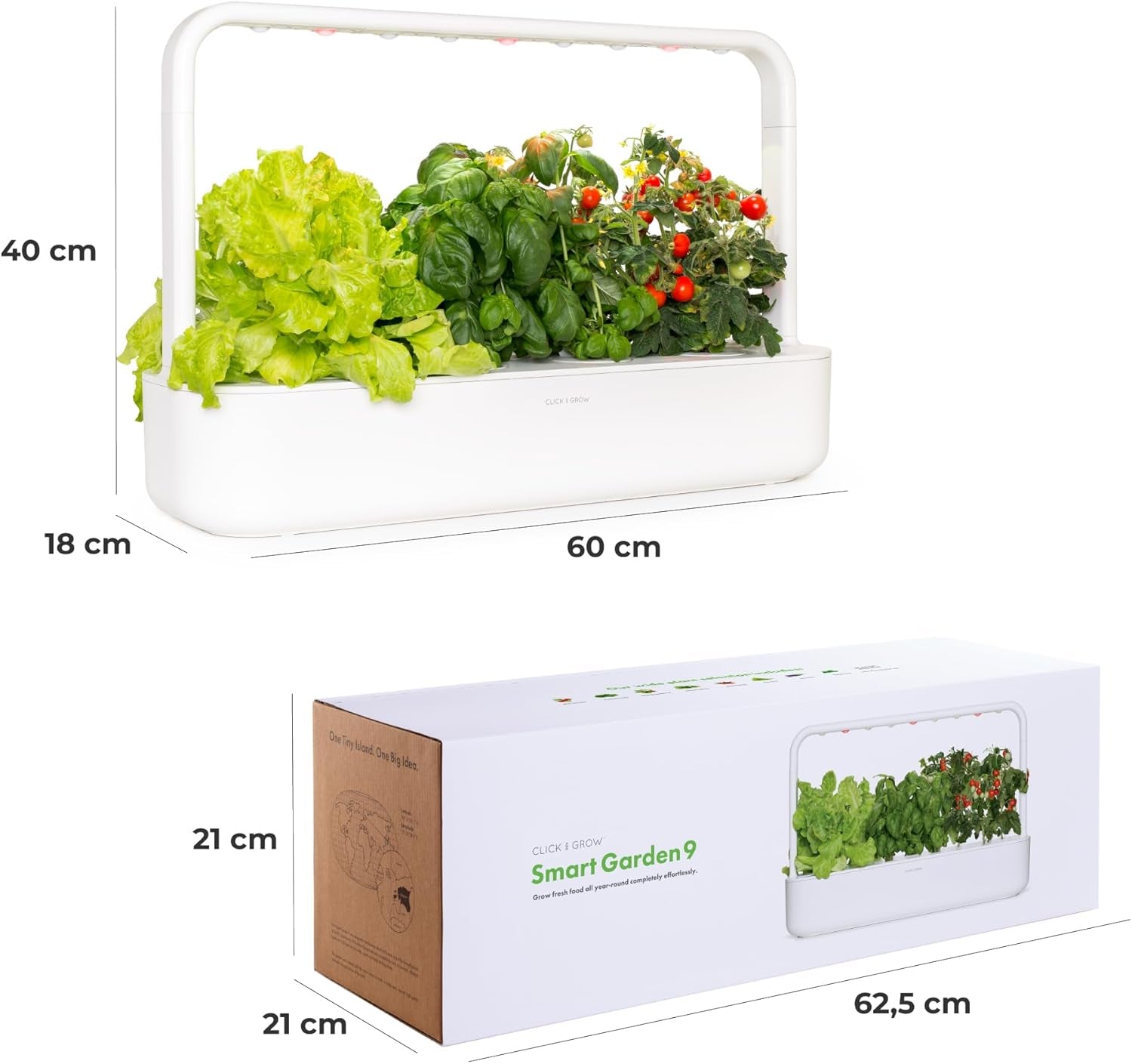 Click and Grow Jardín Interior, Más Fácil que el Sistema de Cultivo Hidropónico, Jardín Inteligente LED, Jardín de Hierbas, Invernadero Interior con 9 Cápsulas Vegetales Incluidas (Blanco)