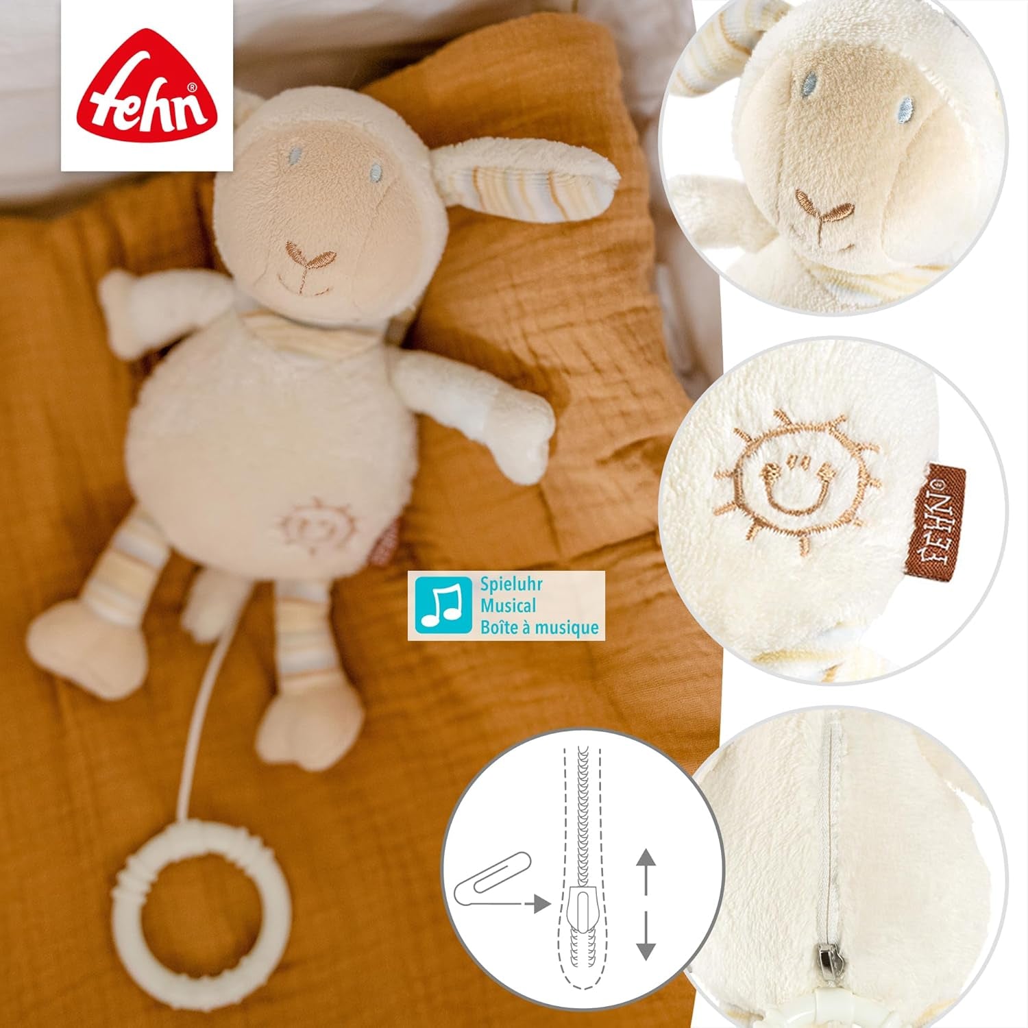 Fehn music box baby sleep aid sheep - jucărie de pluș cu atașament - melodie de ajutor pentru somn "Brahms lullaby" - jucărie pentru copii pentru deplasare și acasă - jucării muzicale pentru bebeluși și copii Jucarii Bebe Naty Shop