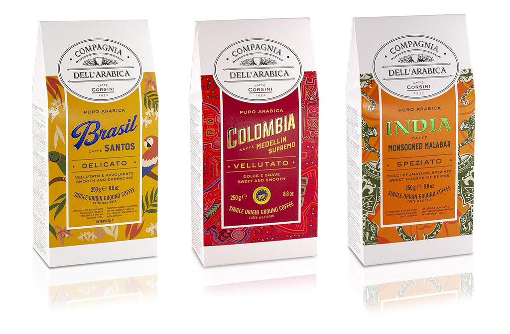 Caffè Corsini - Cafea boabe 3 X 250 grame, Compagnia Dell'Arabica, diverse arome, origine unică, total 750G Cafea Naty Shop Set Brazilia/Columbia/India Cafea măcinată