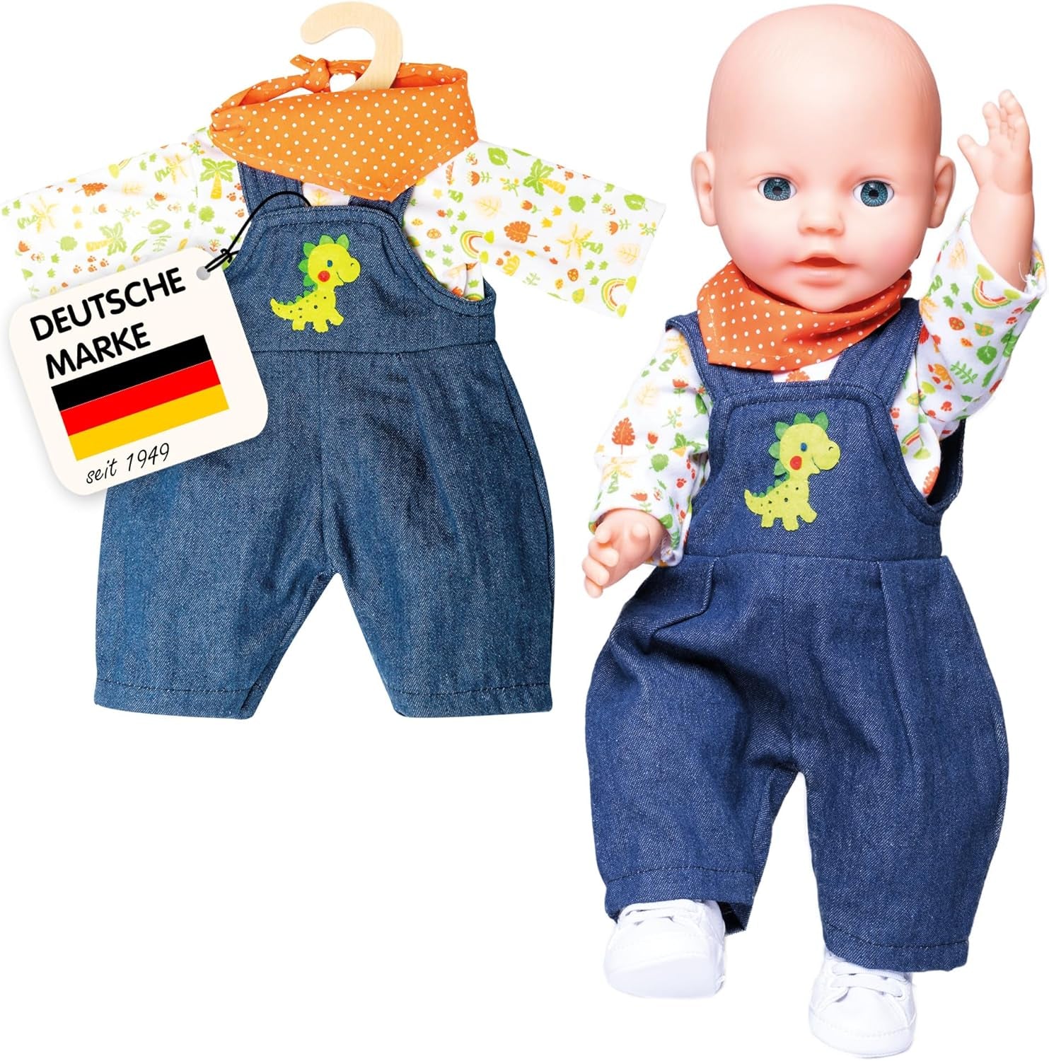 Heless 1115 - Juego de ropa para muñecos con diseño de dinosaurio, 3 piezas con pantalones, camiseta y ropa de abrigo, tamaño 28 - 35 cm