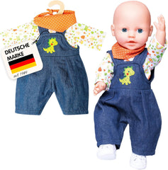 Heless 1115 - Juego de ropa para muñecos con diseño de dinosaurio, 3 piezas con pantalones, camiseta y ropa de abrigo, tamaño 28 - 35 cm