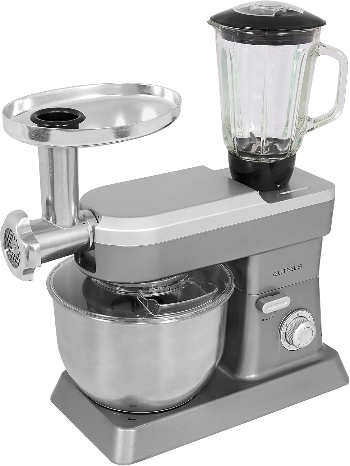 GUTFELS Küchenmaschine KM 8102 Roi | Máquina de cocina | 1200 vatios | Schneebesen | Rührhaken | arrodillado | 10 estupen | Podredumbre | 5 L Schüssel Madre e Hijo Naty Shop Plata