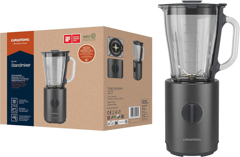 Grundig Delisia Novus SM 7140 Professioneller Batidora de pie, 1,5 litros, 800 W, 6-Fach Edelstahlmesser Mit Zirkonium-Beschichtung, 5 Geschwindigkeitsstufen + Pulse-Funktion, Dark Inox/Edelstahl Kitchen Naty Shop
