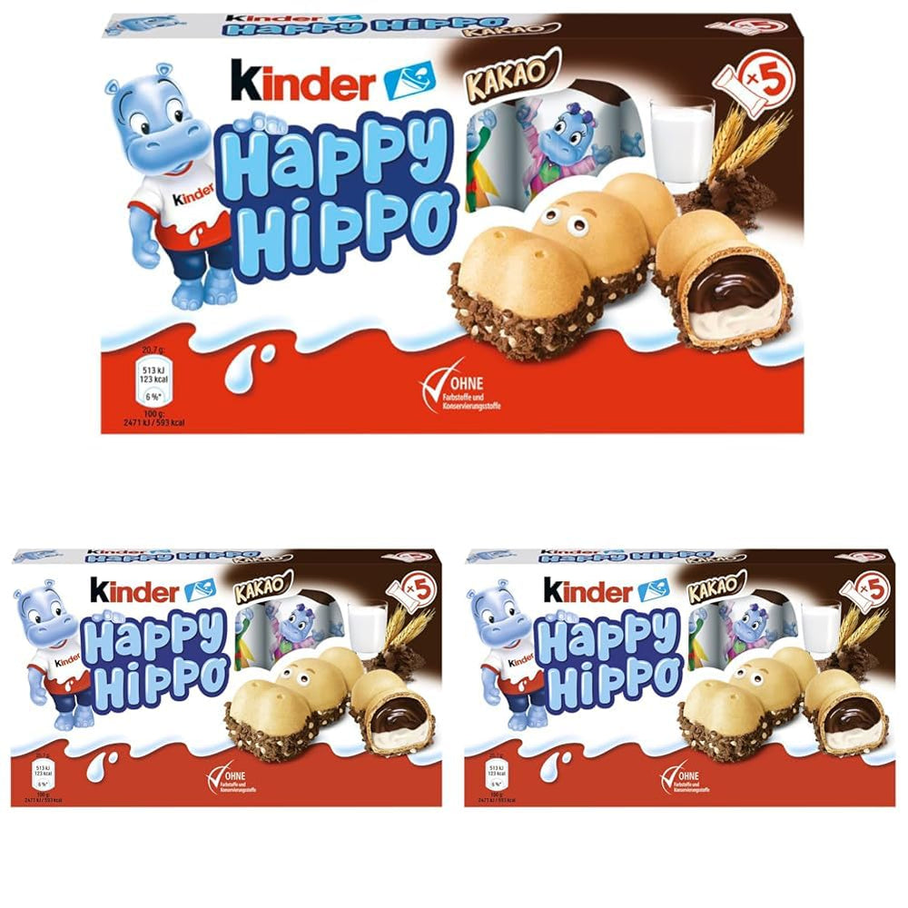 Kinder Happy Hippo Avellana - Obleas Crujientes Especiales con Leche y Crema de Avellanas - Dulces de Carnaval y Mardi Gras - 1 paquete que contiene 5 barritas individuales de 20,7g cada una