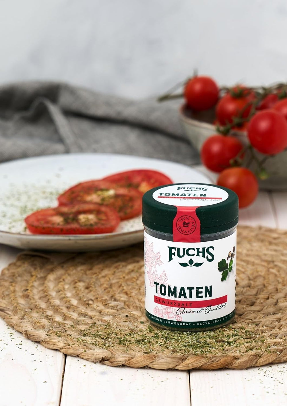 Fuchs Gewürze - Tomato Gewürz - Gewürzsalz für Tomatenbrot, Frühstücksei o Steak - ingredientes naturales - 90 g en wiederverwendbarer, recyclebarer Dosis