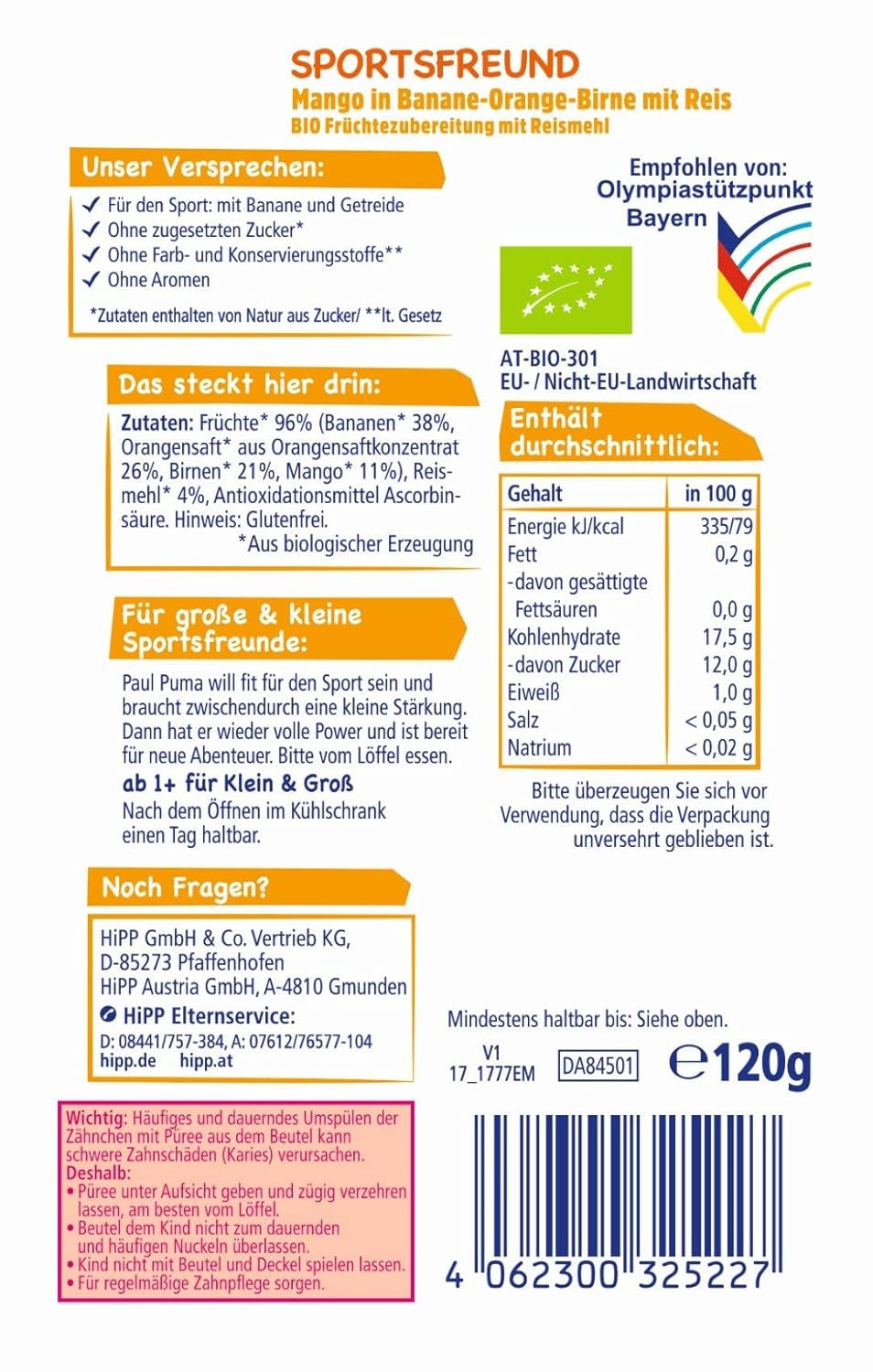 Bolsas exprimibles Hipp, fruta 100% orgánica sin azúcar añadido, 6 X 120 gramos Madre e Hijo Naty Shop