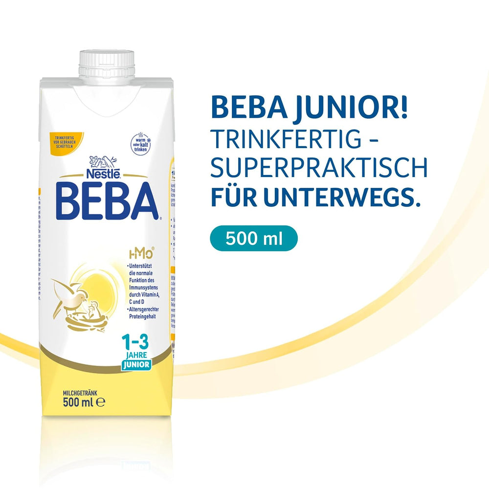 BEBA Bebida de leche lista para beber para niños de 1 a 3 años, con HMO, contenido de proteínas apropiado para la edad, sin aceite de palma, sin aceite de pescado, comida para niños pequeños, paquete de 12 (12 x 500 ml)