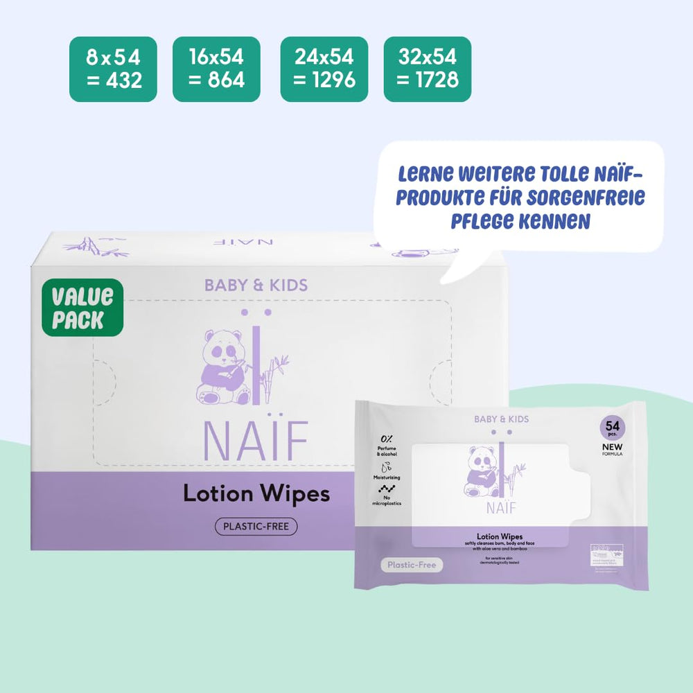 Naïf - Toallitas húmedas con loción sin plástico - 1296 piezas (24 paquetes de 54 toallitas) - para bebés y niños - Culito, cuerpo y cara del bebé - con Aloe Vera y Bambú - 0% Fragancia y Alcohol