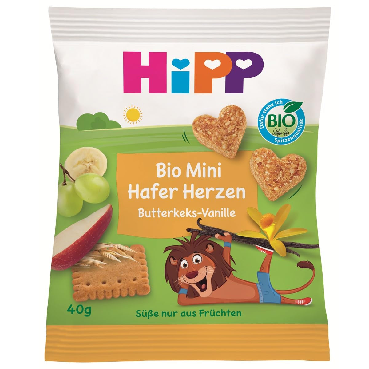 HiPP Mini Galletas de Avena y Vainilla Corazón (12 x 40g), a partir de 1 año, barrita snack ecológica en forma de corazón, rica en cereales y fibra, endulzada solo con fruta, de la mejor calidad ecológica