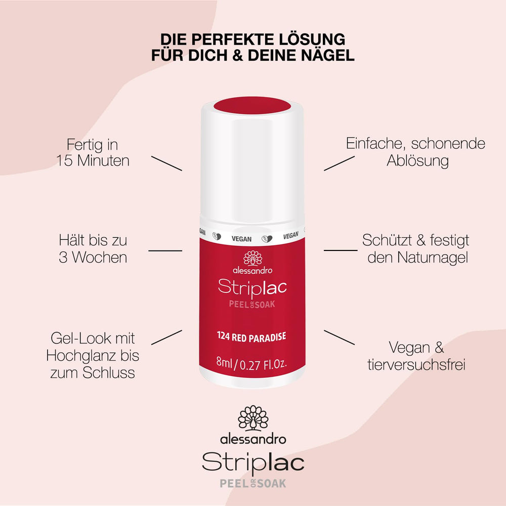 Esmalte de uñas UV Alessandro Striplac Red Paradise - Delicado y duradero - Fácil eliminación gracias a la tecnología de eliminación - Vegano y libre de crueldad animal - 8 ml