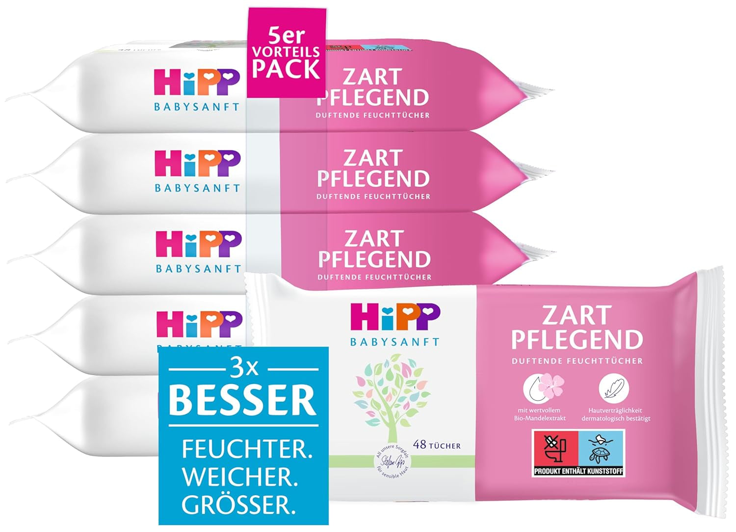 HiPP Babysanft Delicates Toallitas húmedas para bebés 720 piezas (3 x 240) con extracto de almendras orgánico, extra respetuosas con la piel para una limpieza suave de la piel sensible de los bebés