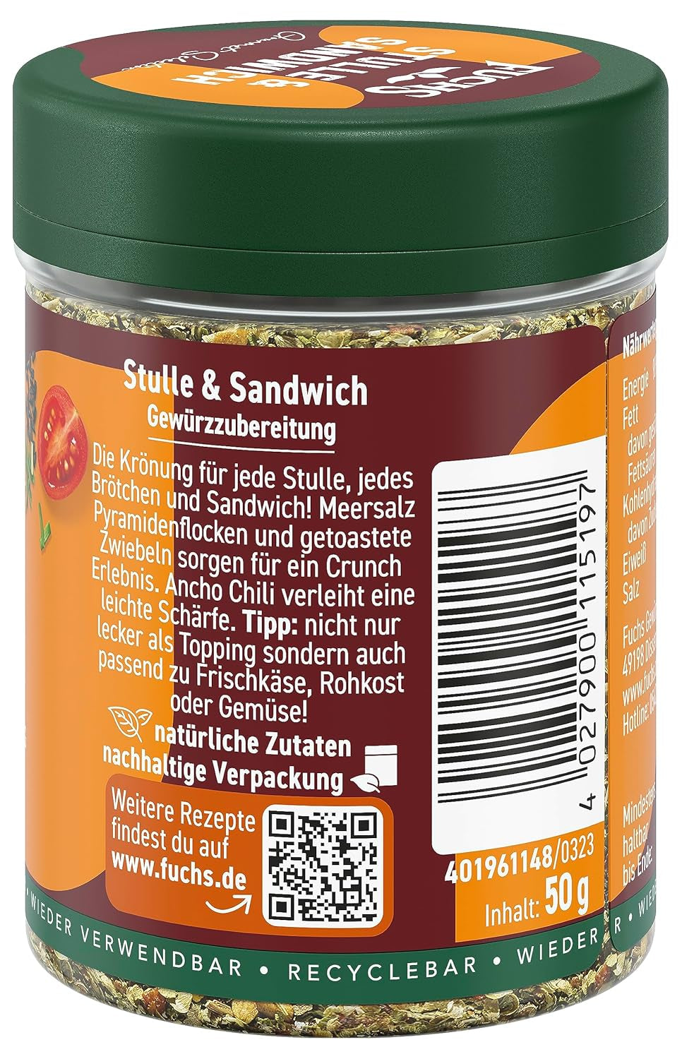 Fuchs Gewürze - Stulle und Sandwich Gewürz - crujiente Butterbrot Topping mit Pyramidenflocken und getoasteten Zwiebeln - aus natürliche Ingrediente - 50 g en wiederverwendbarer, recyclebarer Dosis