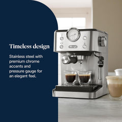 Espressor portafiltru De'Longhi Classic EM450.M cu spumator de lapte profesional, carcasă complet metalică, 15 bari, rezervor de apă de 1,7 l, oțel inoxidabil/metal