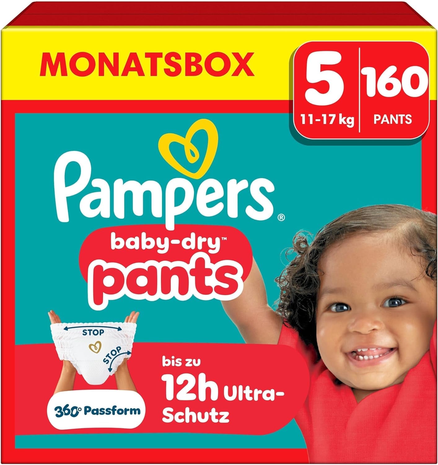 Pampers Baby-Dry Pants Tamaño 5, 160 unidades, 11 kg-17 kg, auslaufsichere 360° apto para día y noche