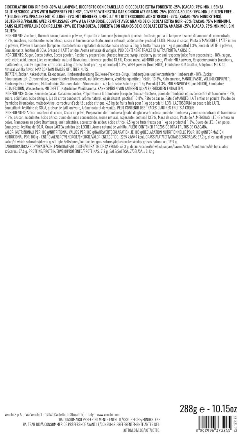 Venchi - Caja de regalo de praliné de chocolate y frambuesa Murrine, chocolate negro, 288 g, sin gluten, sin colorantes artificiales, sin conservantes - Idea de regalo perfecta