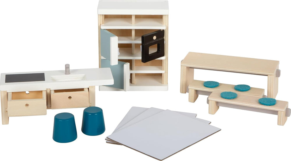 Casă de păpuși din lemn Small Foot, culori naturale – cu 3 etaje, terasă pe acoperiș și set de mobilier cu 51 de piese, încurajează jocul creativ, potrivită pentru vârste de la 3 ani în sus, 12541