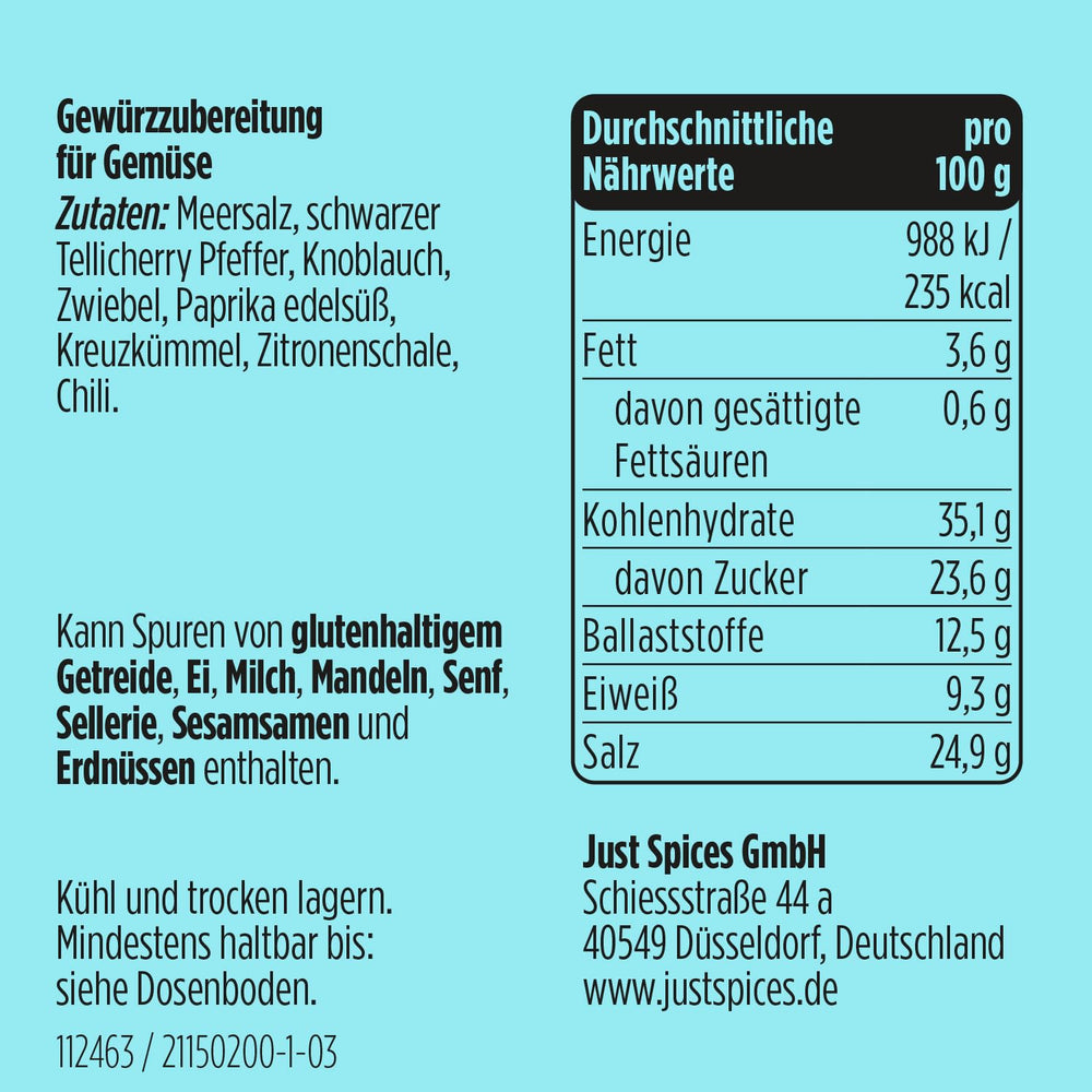 Just Spices Gemüse Allrounder I Jedes Gemüse von Berenjena bis Zucchini lecker würzen I Gewürzdose, 75 g