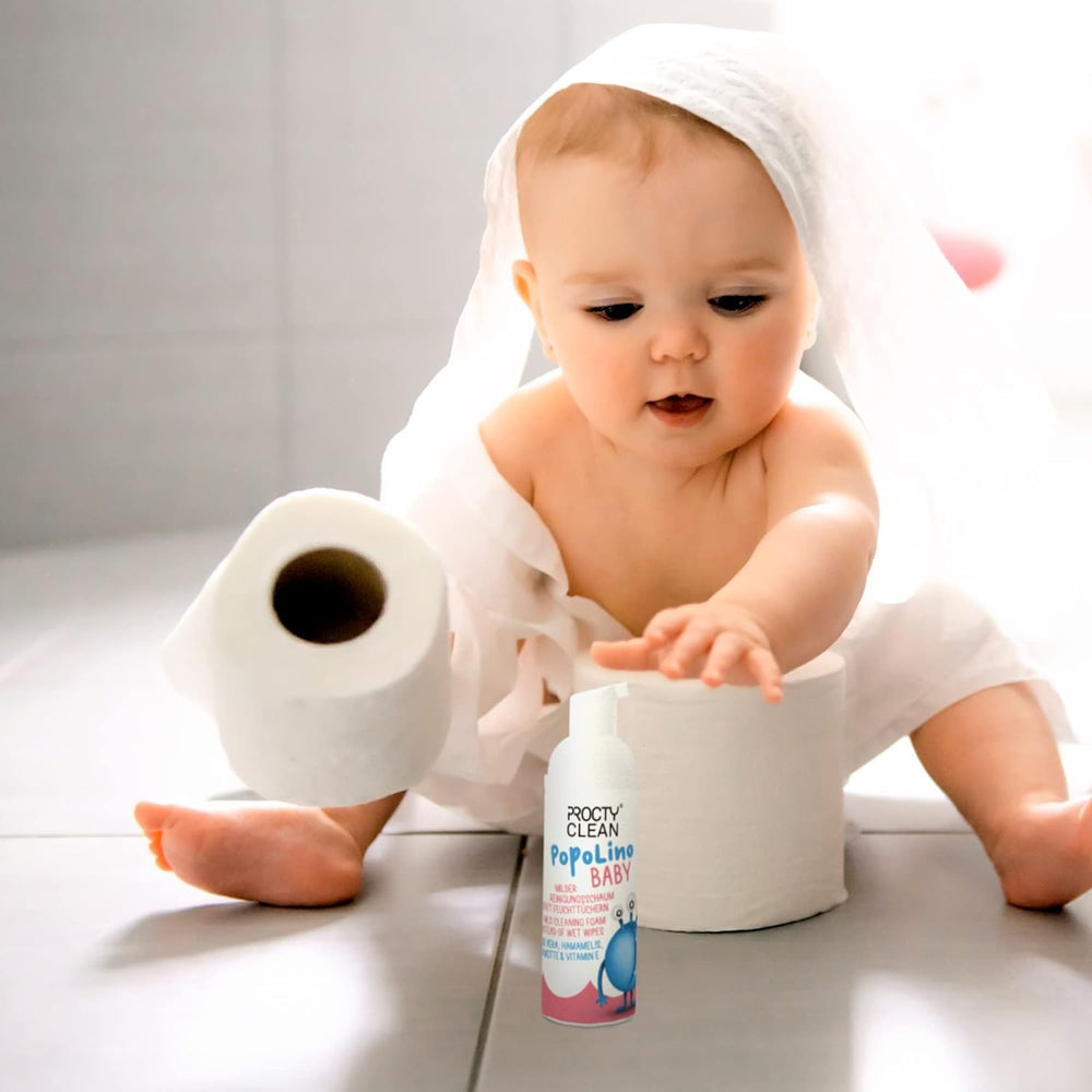 Espuma de fondo suave PopoLino Baby en lugar de toallitas húmedas para bebés. ¡Espuma limpiadora cosmética vegana y natural! Espuma para culitos con aloe vera, hamamelis, bergamota y vitamina E. Hace felices los culitos y el medio ambiente.