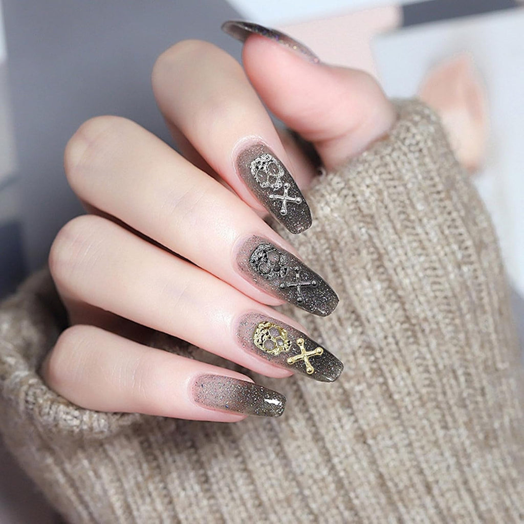 Set de decorațiuni pentru unghii cu craniu în formă de cruce, 120 de piese, brelocuri pentru unghii din metal auriu-argintiu, bijuterii din aliaj punk pentru manichiură, accesorii cu pietre strălucitoare