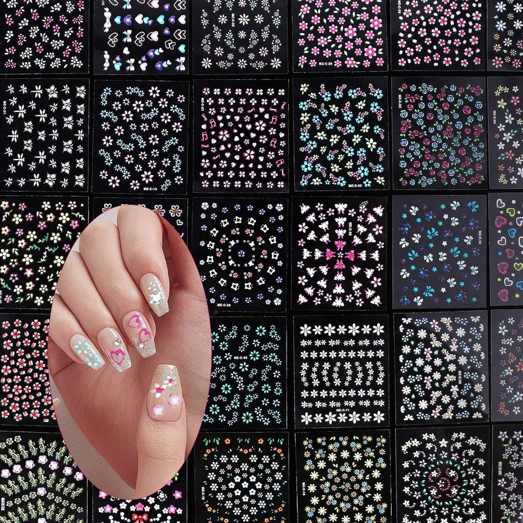 3D Nagelsticker 30 Blatt Nagelsticker Selbstklebend Blumen Blumenherzform Nageldesign Nail Sticker Nageldesign Zubehör Nagelaufkleber Für DIY Dekorationen, Maniküre, Handyhüllen
