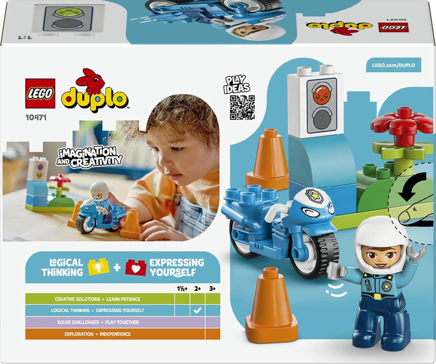 LEGO DUPLO Moto de policía azul - Lernspielzeug zur Förderung der Motorik für Kleinkinder - incl. Motorrad, Polizisten Figur und Verkehrsampel - Geschenk für Jungen und Mädchen ab 2 Jahren - 10471